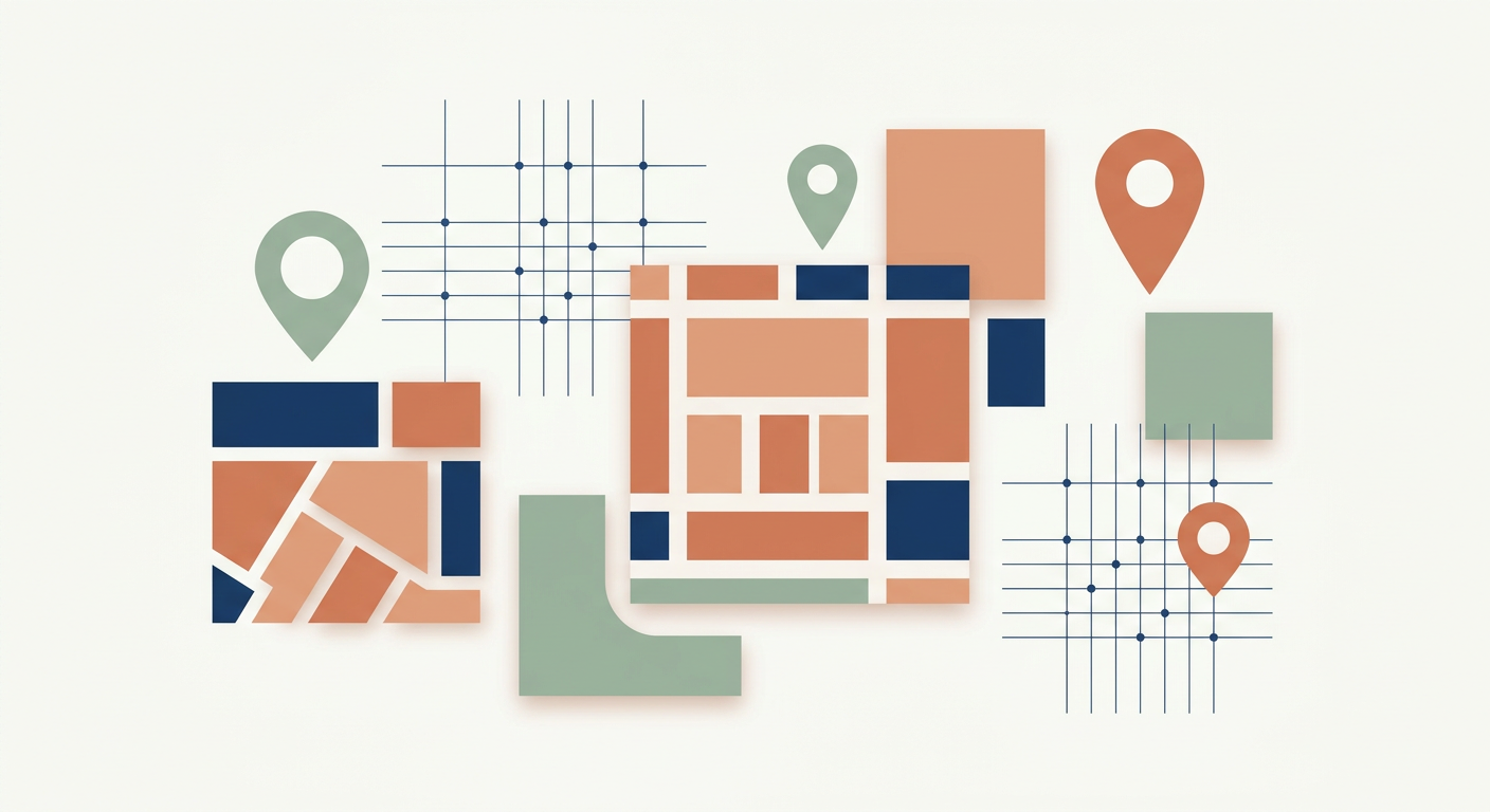 Abstract geometric vector illustration representing a digital map grid and location signals.