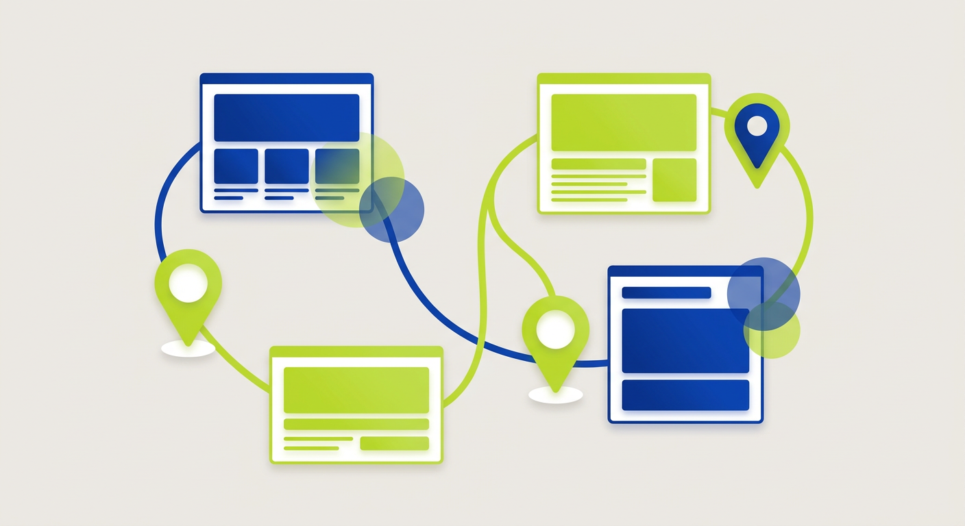 Abstract vector diagram showing map location markers connecting to clean web page layout shapes.