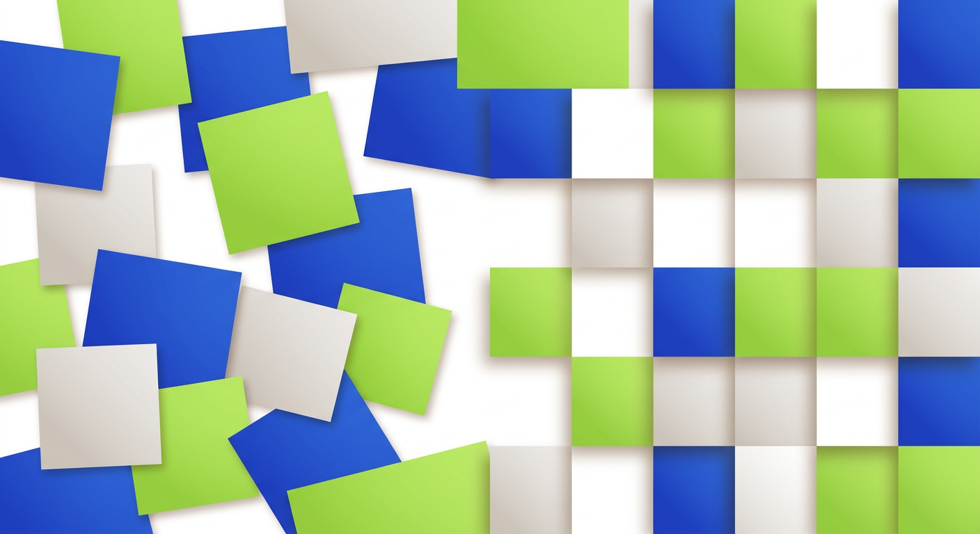 Abstract graphic illustrating geometric shapes shifting into a stable grid