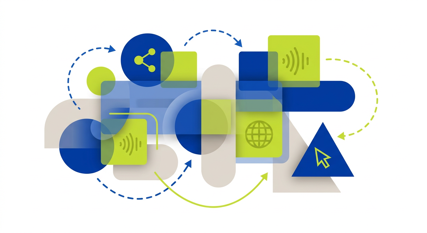 Abstract editorial illustration showing layered geometric shapes connecting together in a clean visual flow.