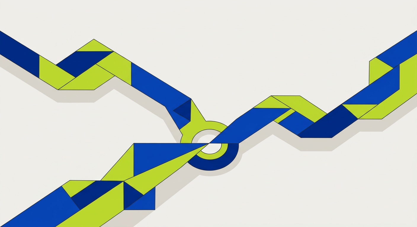 An abstract illustration depicting two separate geometric paths branching from a single origin.