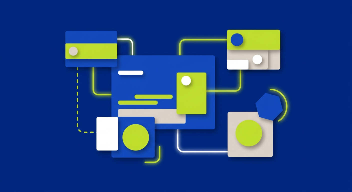 Abstract illustration of geometric website components connected by bright visual lines
