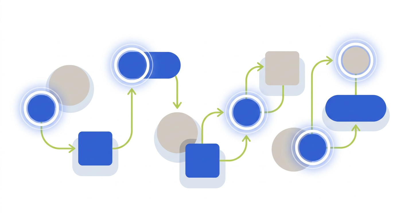 Abstract illustration of a clear path moving sequentially through distinct interface nodes.