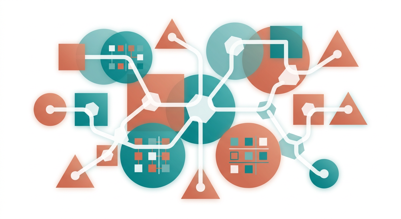 Abstract geometric shapes overlapping in warm and cool tones on a clean background.