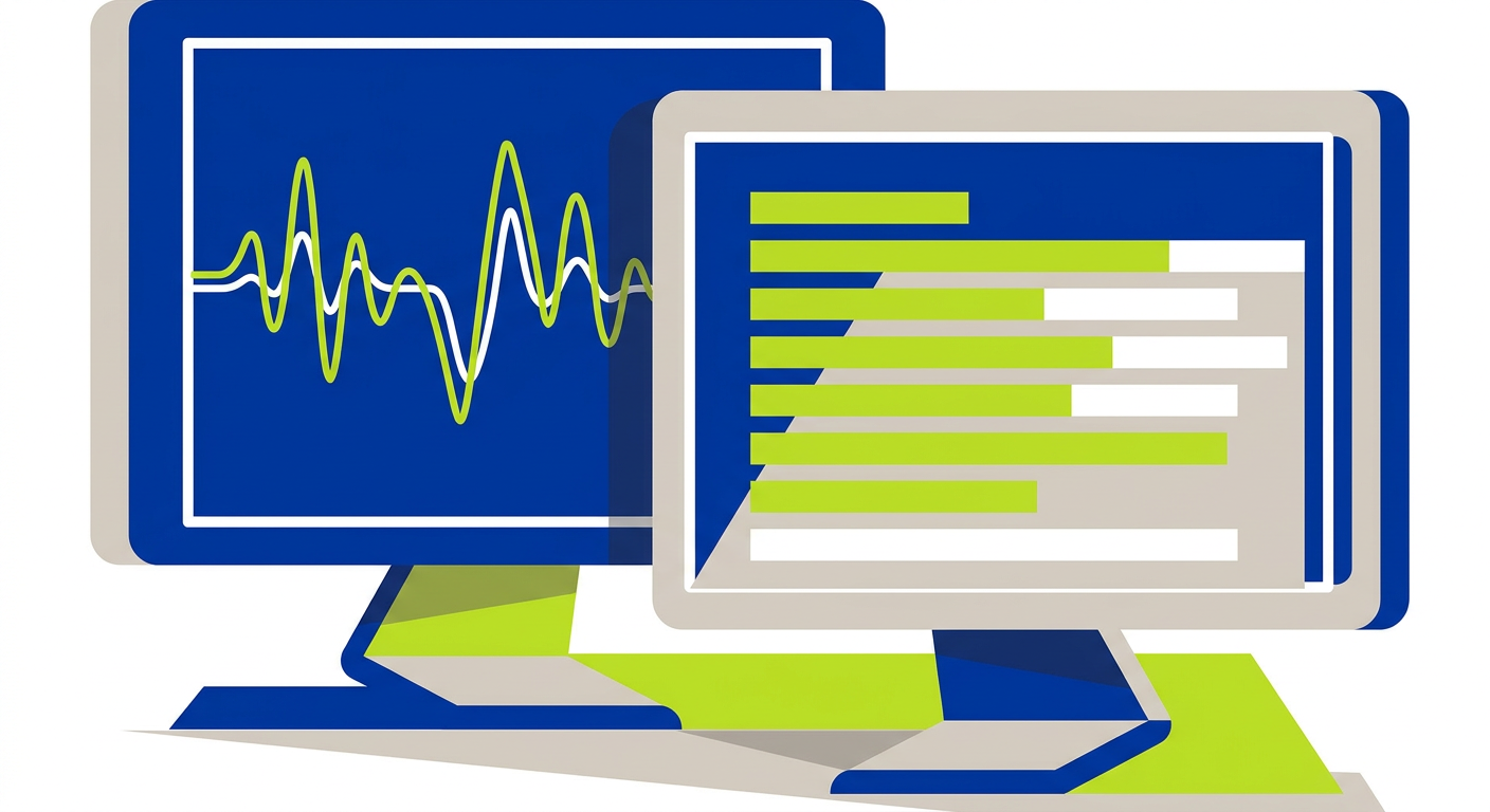 Abstract editorial visual showing an audio wave converting into synchronized caption bars on digital monitors