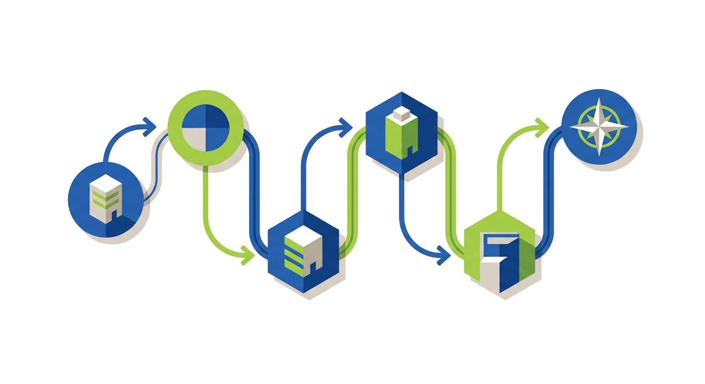 Abstract diagram illustrating a sequential six step content publishing process