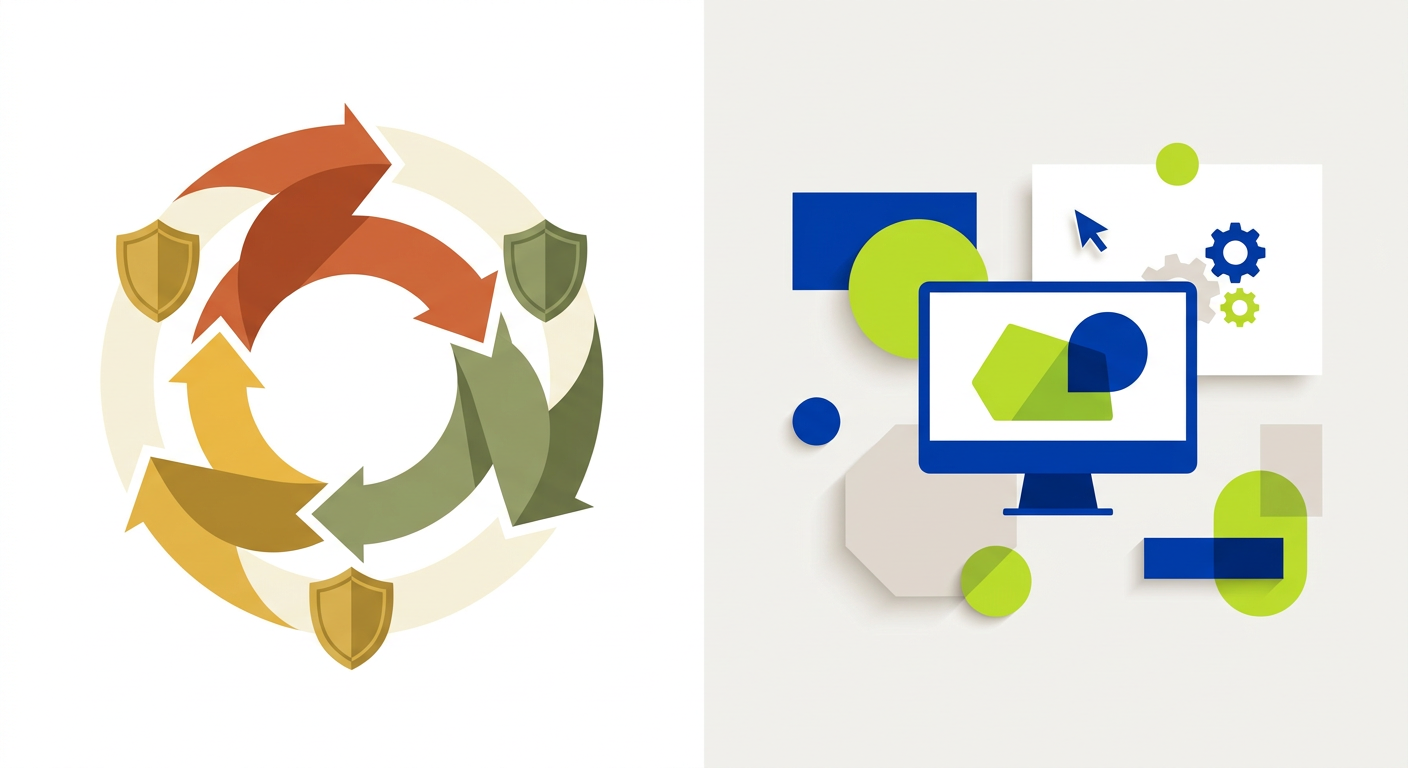 An abstract geometric illustration representing a monthly maintenance cycle with subtle icons and arrows.