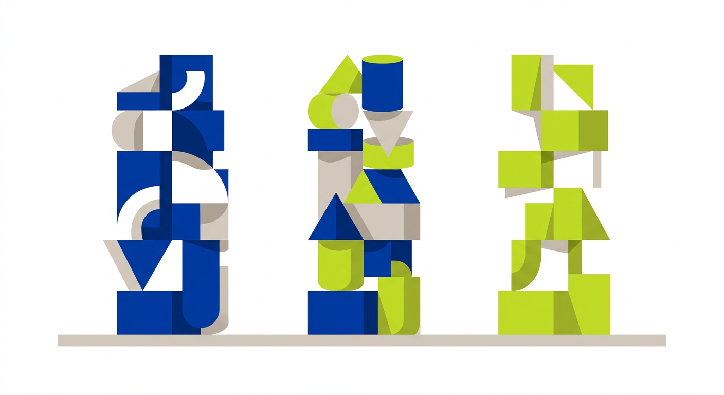 Abstract illustration of three geometric pillars representing different digital platform structures.